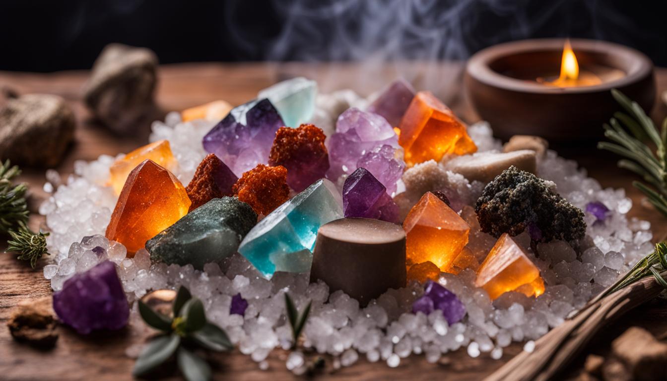 An array of crystals placed on a bed of salt, surrounded by burning sage and palo santo sticks. The crystals are being cleansed and recharged by the smoke and energy emanating from the burning herbs. The colors of the crystals are vibrant and energized, reflecting the power of the natural elements around them. The scene is peaceful and serene, evoking a sense of harmony and balance.