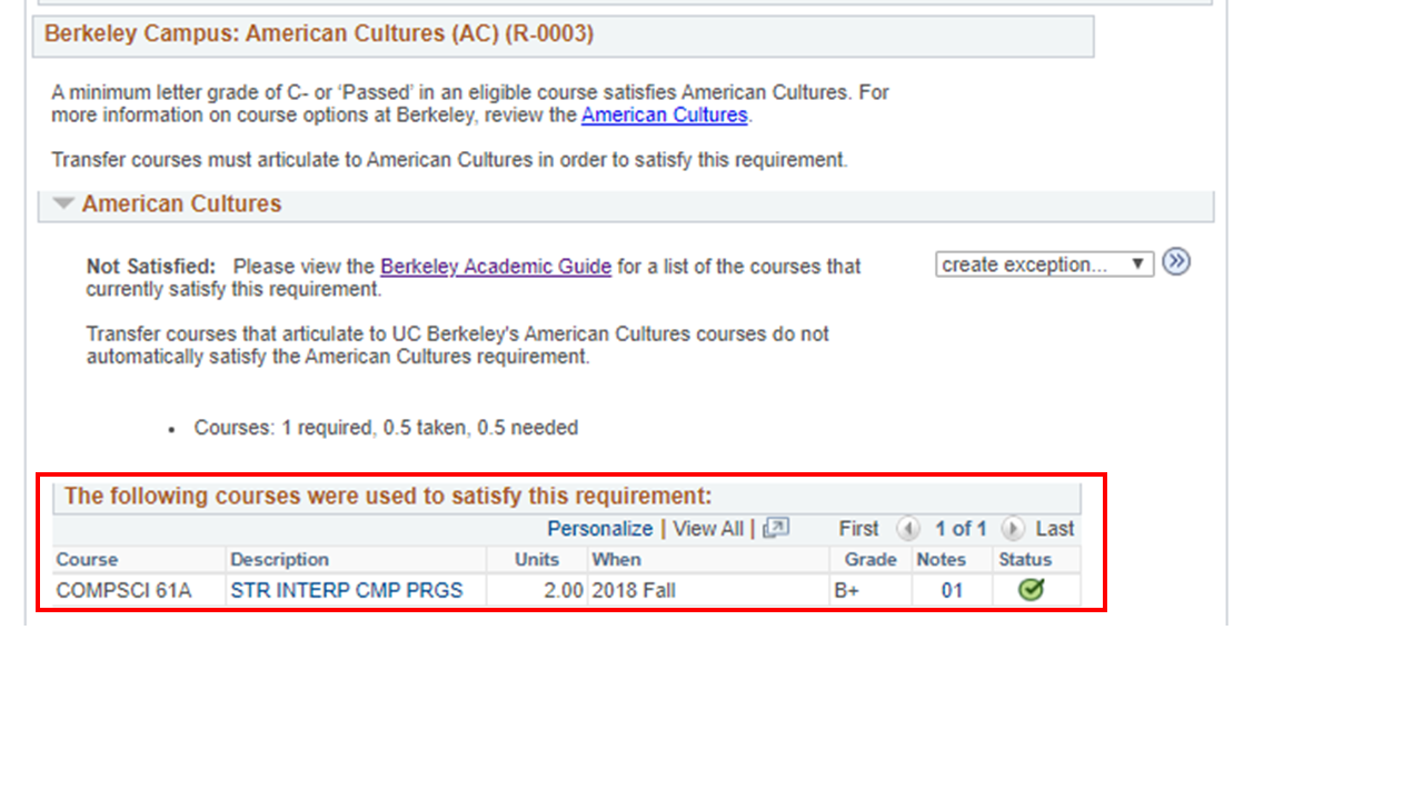 Updated APR showing changes under "The following courses were used to satisfy this requirement" highlighted with red box.