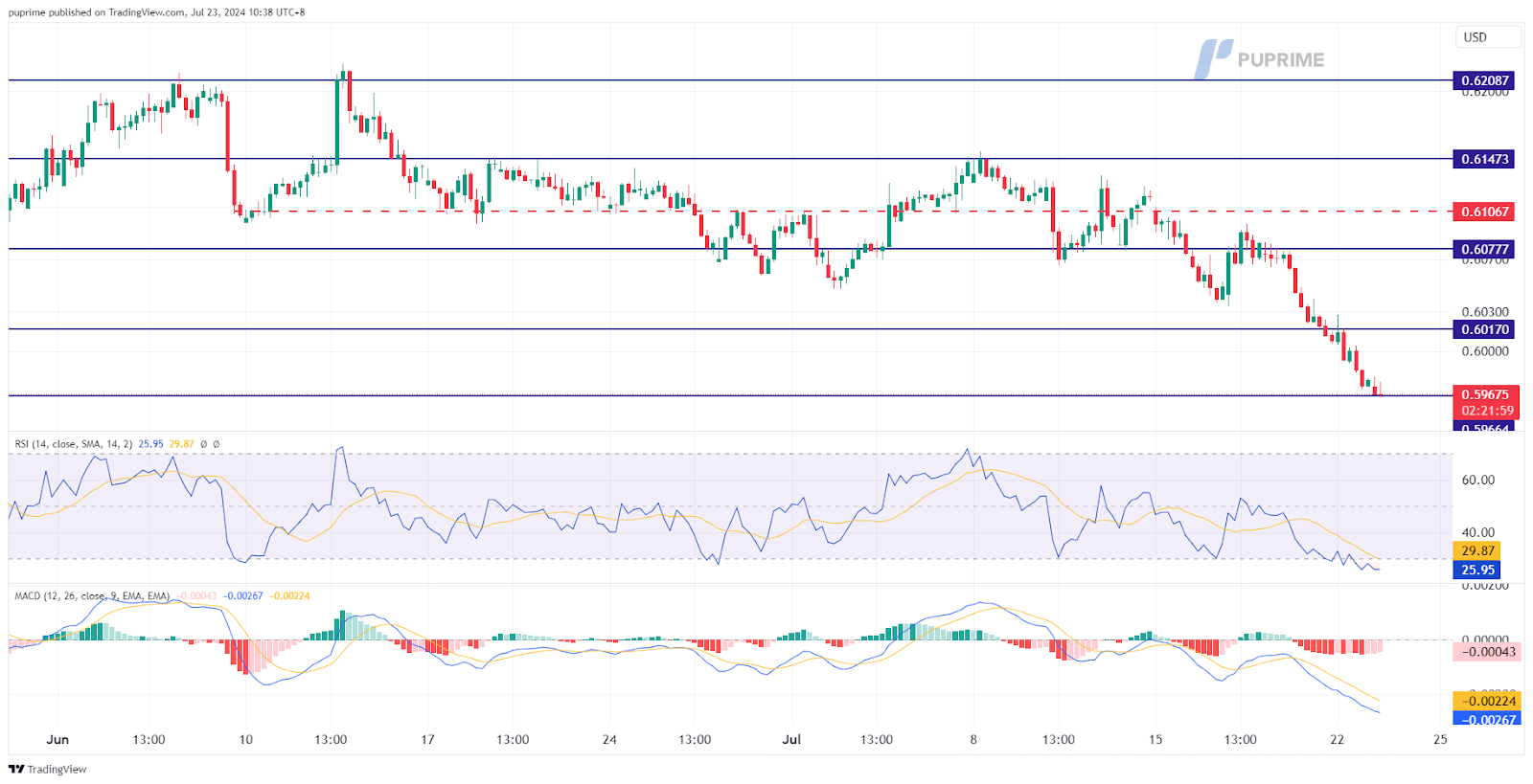 NZD/USD price chart 23 July 2024 prop trading