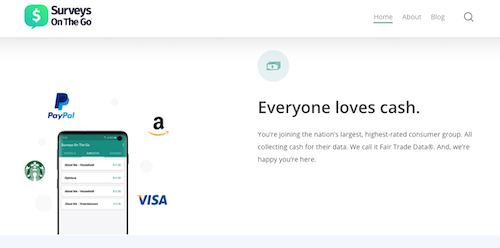The Surveys On The Go website showing a phone displaying their app and offering cash and Starbucks and Amazon gift cards for completing surveys. 