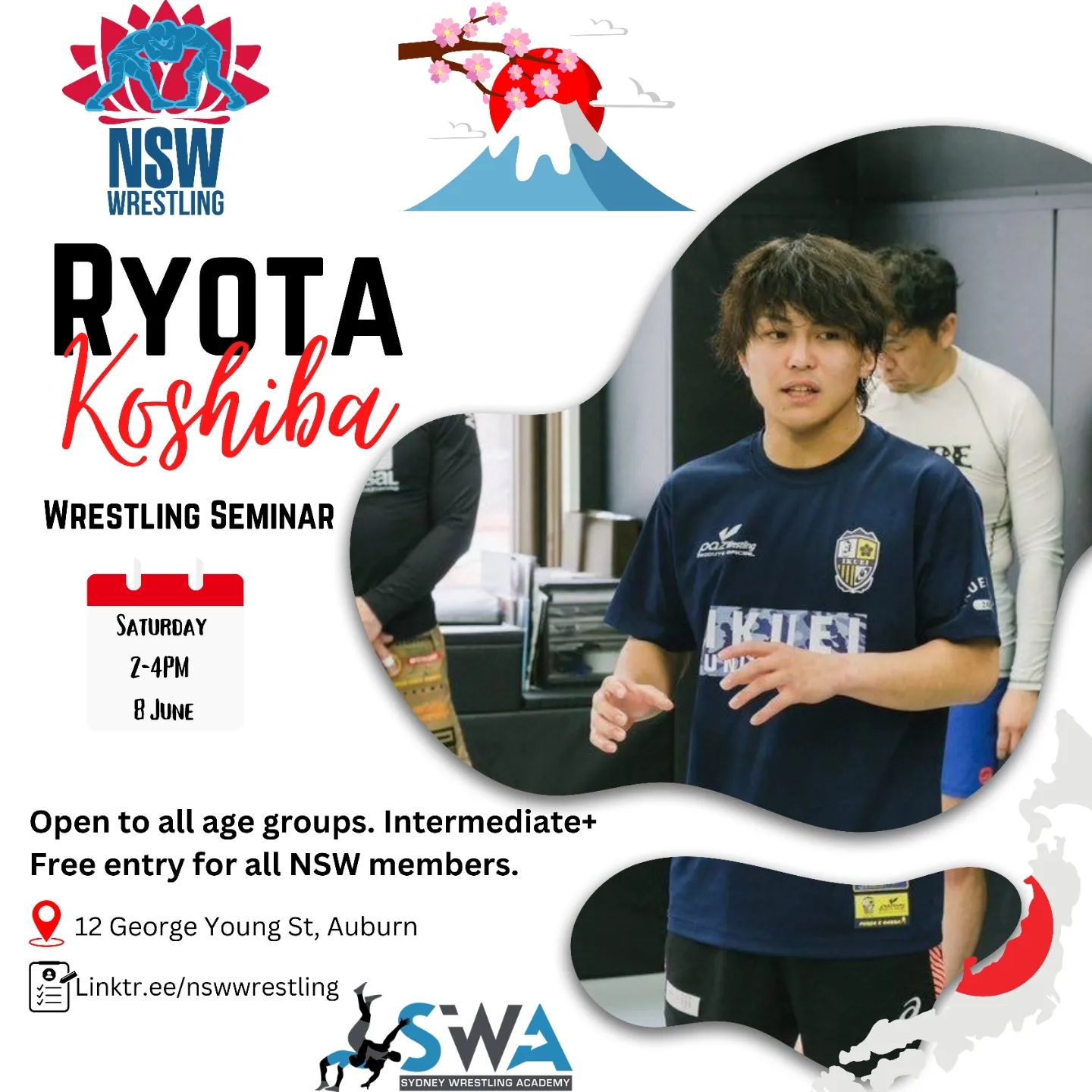 Photo shared by NSW Wrestling on June 01, 2024 tagging @wrestling.australia, @rvut2u, @sydneywrestlingacademy, and @tosu.tosu_tec.wrestling. May be an image of 3 people, poster and text that says 'NSW WRESTLING RYOTA Koshiba WRESTLING SEMINAR RE SATURDAY 2-4PM B BJUNE JUNE BTEST 山 Open to all age groups. Intermediate+ Free entry for all NSW members. 12 George Young St, Auburn E 香 -Linktr.ee/nswwrestling ee/nsww Linktr.ee/nswwrest SWA 0A SYONYWFESTUR'.