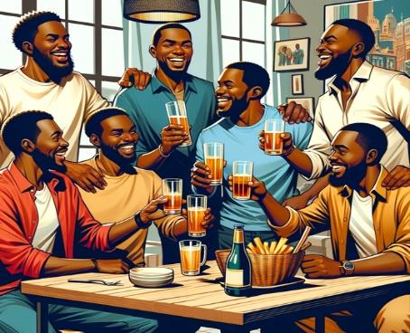 A group of men drinking beer

Description automatically generated