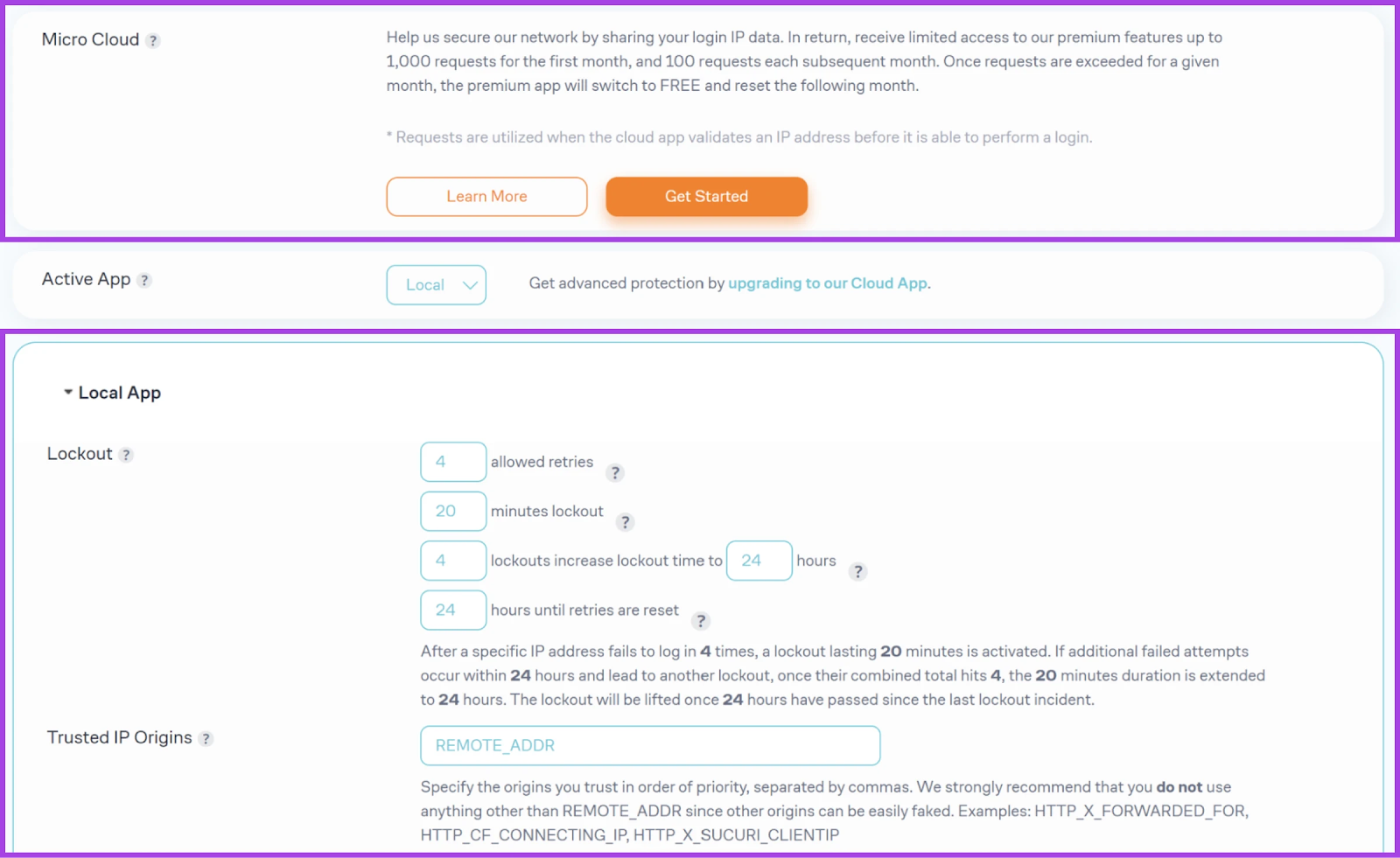 Área de configuración de la aplicación que muestra opciones para "Micro Cloud", "Bloqueo" y "Orígenes de IP confiables" en el encabezado de alternancia "Aplicación local".