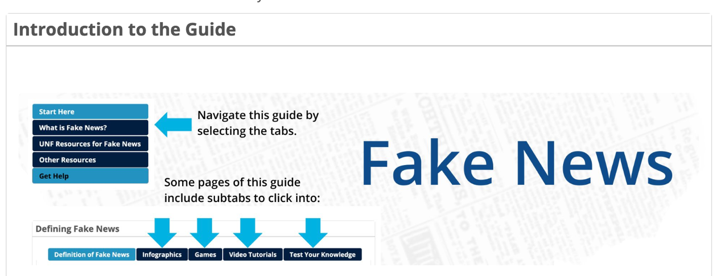 A sample Fake News library guide banner being used to point students to how to maneuver the guide. Banner states: "Navigate this guide by selecting the tabs." And "Some pages of this guide include subtags to click into."