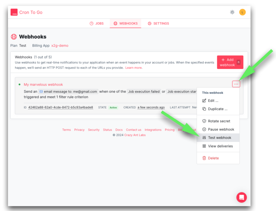 cron to go test webhooks feature