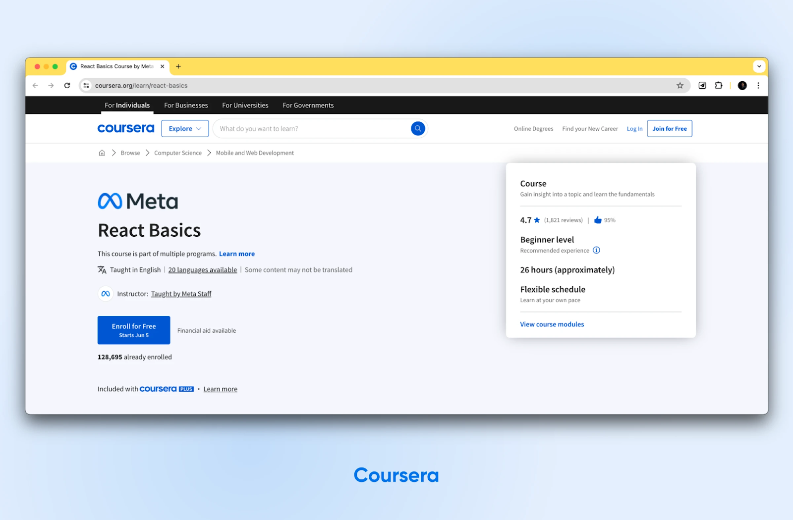 El curso de Coursera "Meta React Basics" obtiene 4,7 estrellas. La página de inicio tiene un botón azul "Inscríbete gratis".
