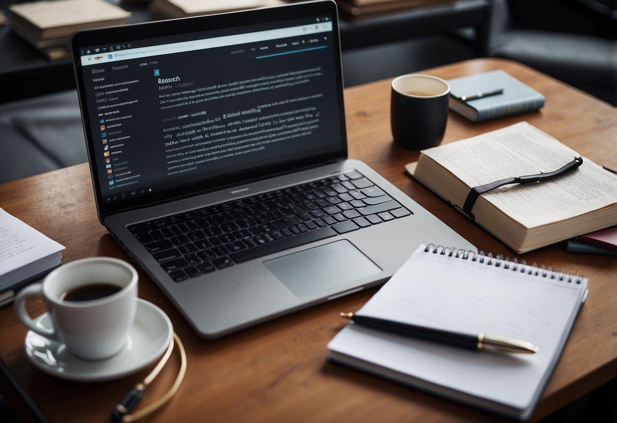 A laptop on a desk surrounded by open books, with a notepad and pen next to it. The laptop screen displays a keyword research tool