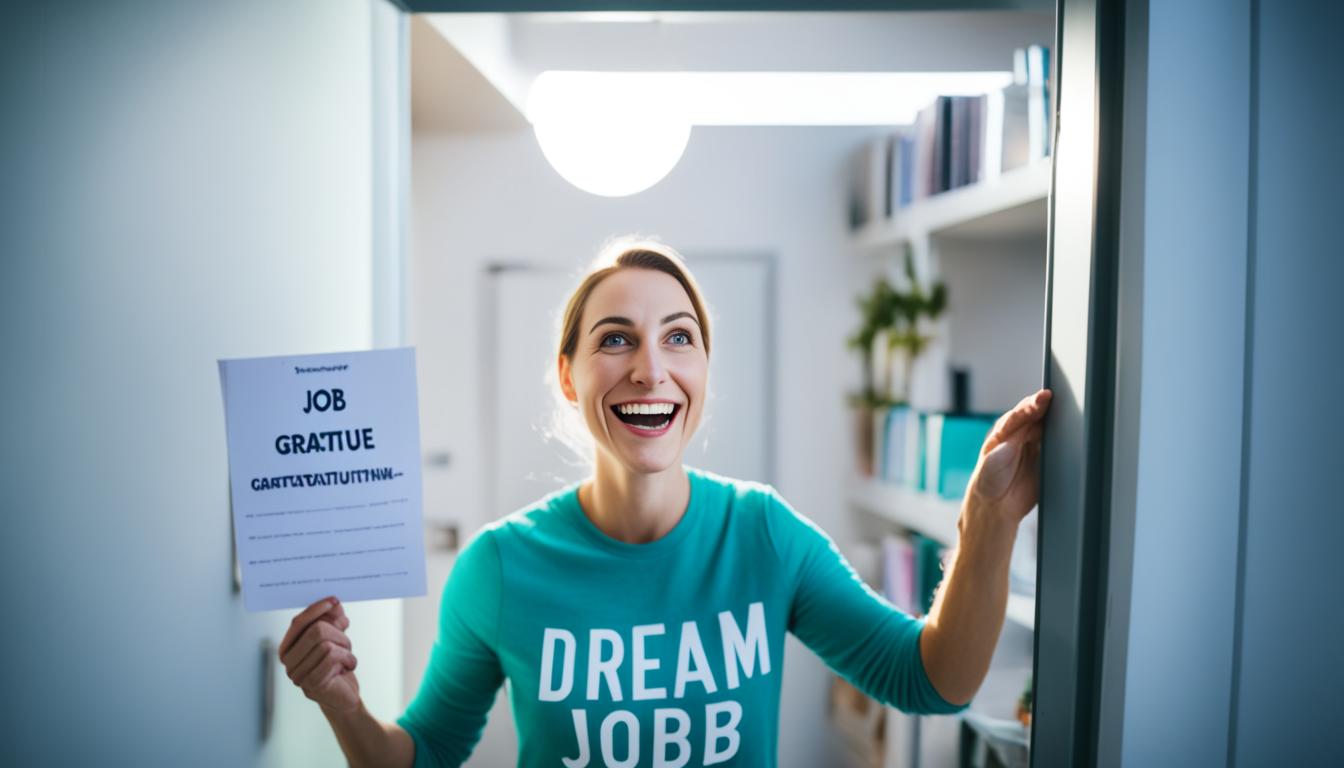 A person standing in front of a door with a sign that says "Dream Job" while holding a jar filled with gratitude notes. A beam of light shines down on them as they look up in excitement and anticipation.