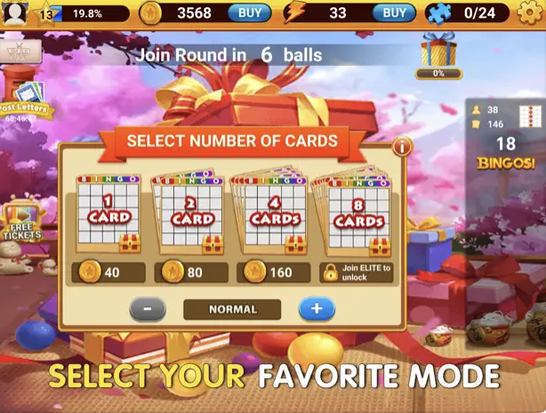 A colorful screen in Bingo Smash where you choose the number of cards you'd like to play with. 