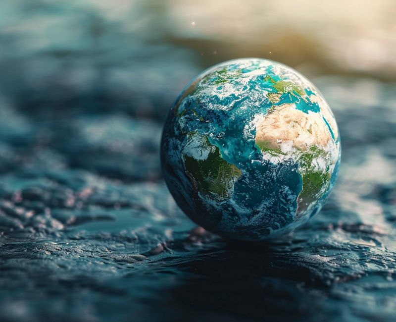 A blue globe floating on top of water. The image highlights the urgency of the climate crisis, a global challenge demanding immediate action by governments around the world.