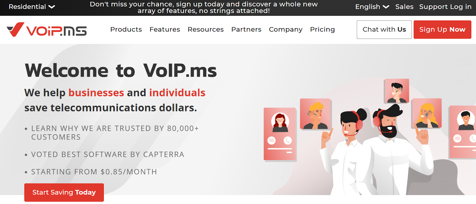 VoIP.ms website snapshot highlighting the services it offers.