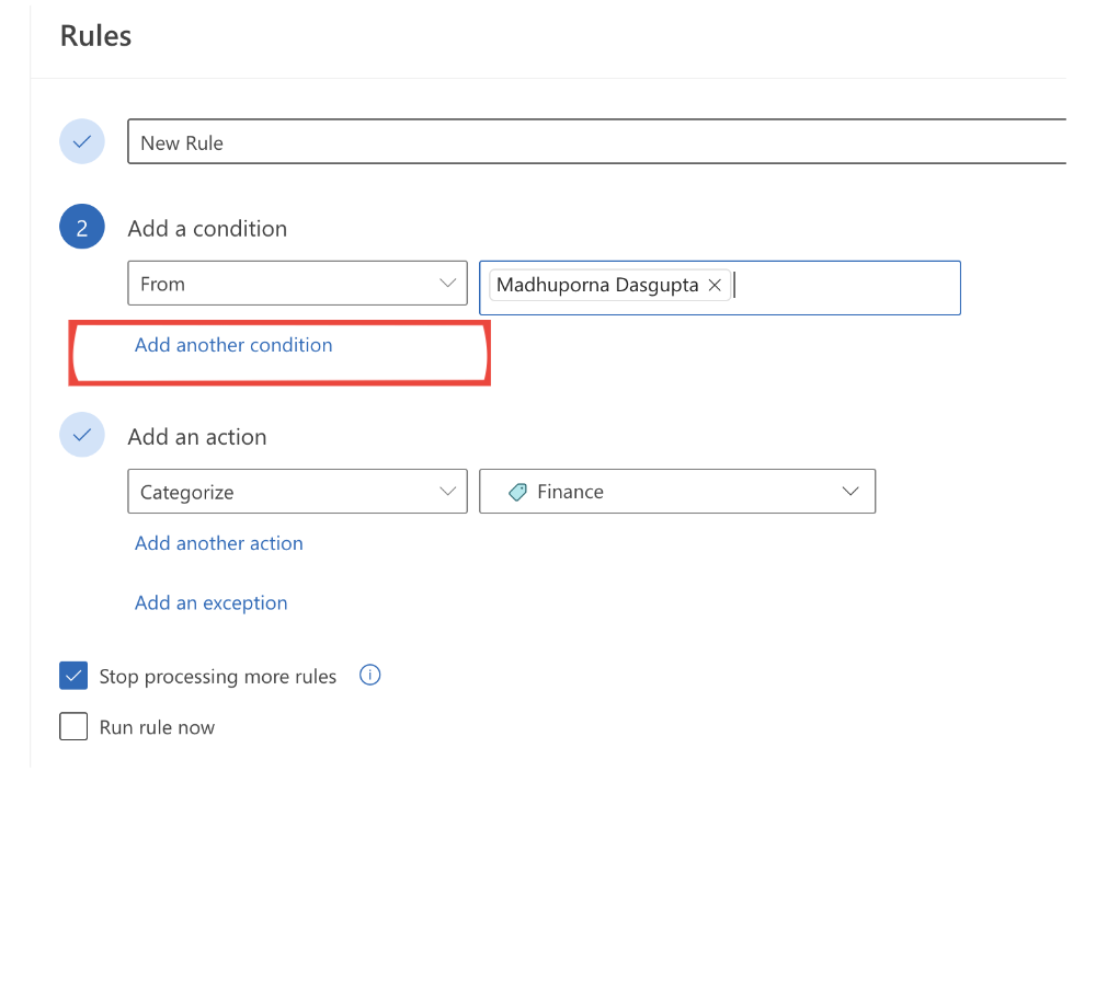 Adding multiple conditions to filter emails in Outlook