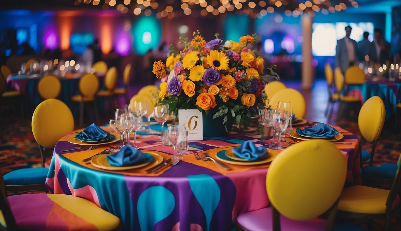 A colorful, retro-inspired wedding reception with vibrant, psychedelic decor, and a funky dance floor
