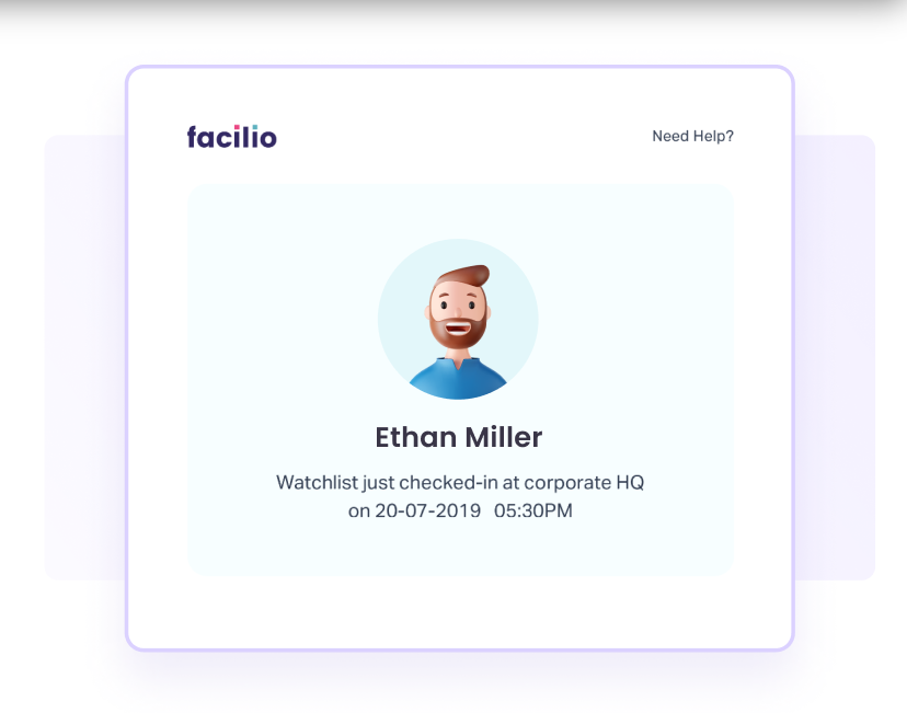Facilio visitor management module showing the status update of check-in time and place by a guest
