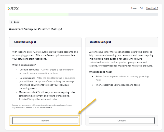 A screenshot of the A2X VAT mapping questionnaire: Select 'Review' under 'Assisted setup'