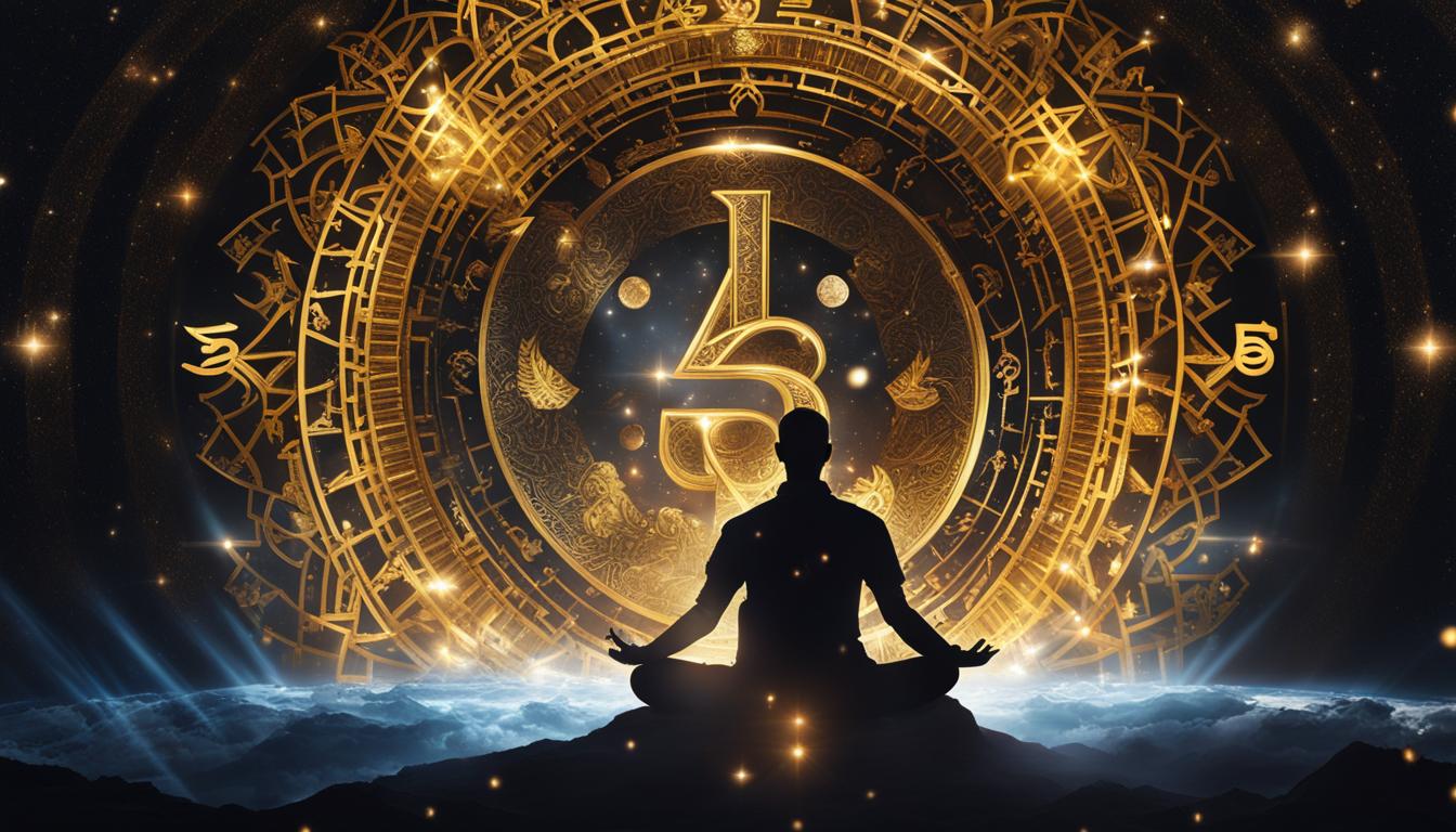 An image of a person meditating in front of a glowing number 369 with beams of light emanating from it, surrounded by symbols of abundance such as money, gold, and jewels. The person should radiate positive energy and focus, as if they are harnessing the power of the universe to manifest wealth and prosperity. The overall mood should be one of calm and confidence, as if the viewer is being invited to join in this powerful practice themselves.