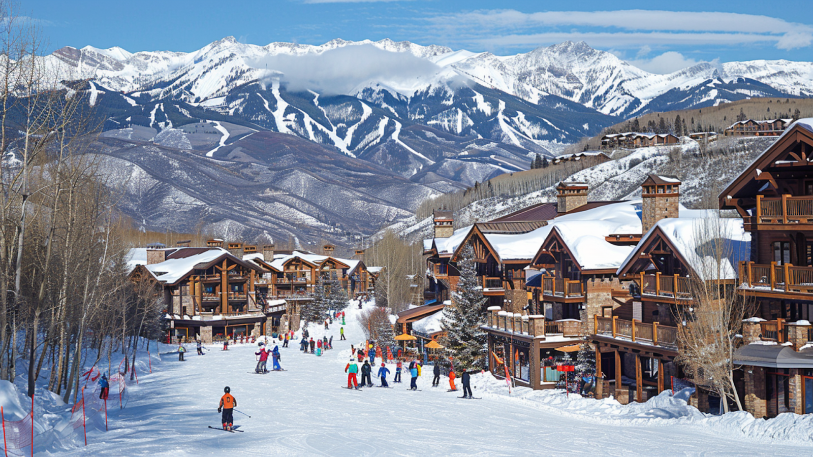 People walking and skiing on the snowy streets of Vail, CO