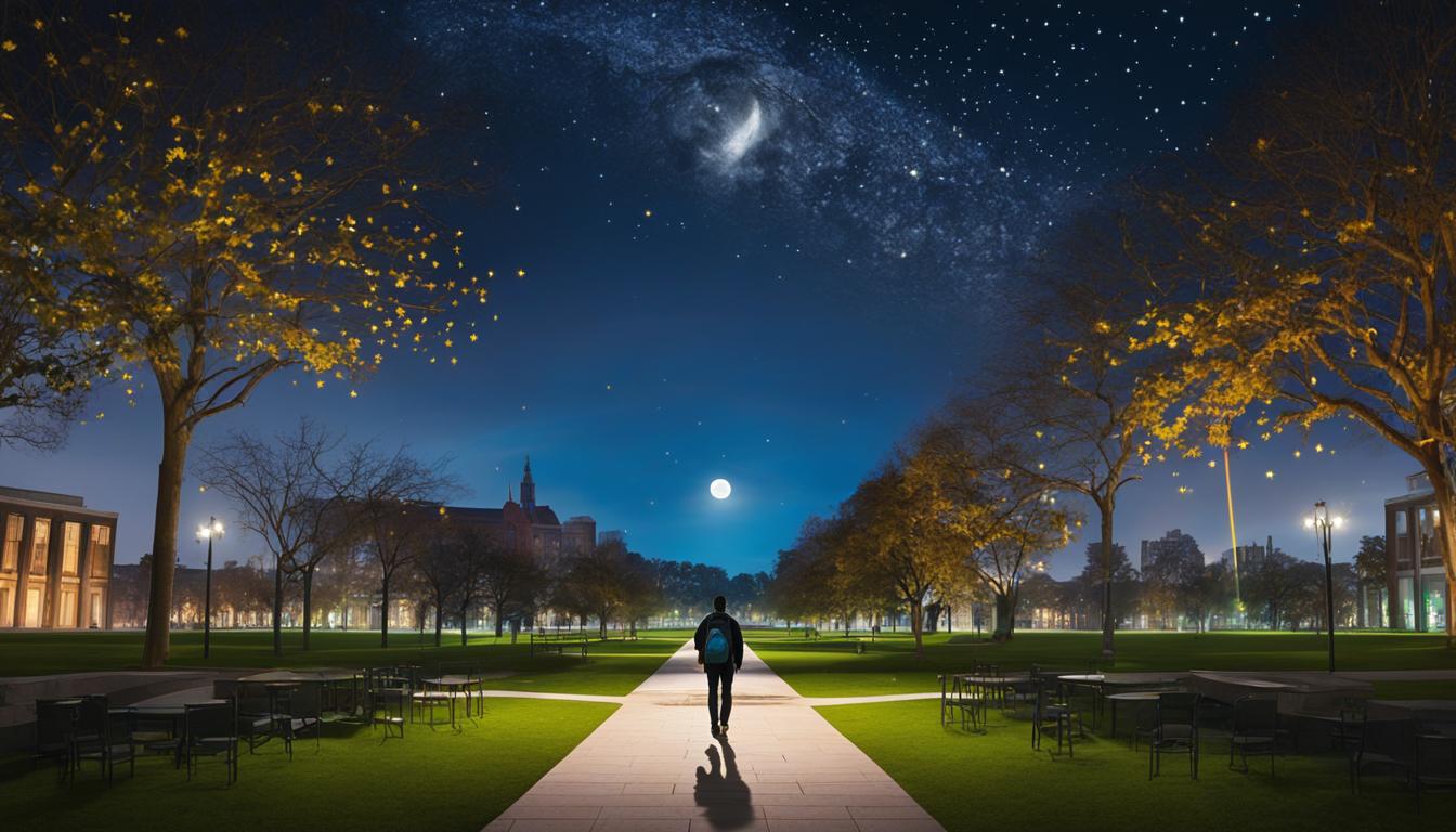 A glowing pathway that leads to a college campus, with shimmering stars and a bright full moon in the sky. A student figure is walking towards the campus with a confident and determined posture, as if they know they belong there. The pathway is lined with symbols of good luck and positivity, such as four-leaf clovers, horseshoes, and rainbow-colored flowers. In the background, there are clouds shaped like graduation caps and diplomas, indicating a successful academic journey. The overall feel of the image is one of hope, optimism, and faith in the universe's power to guide you towards your dreams.