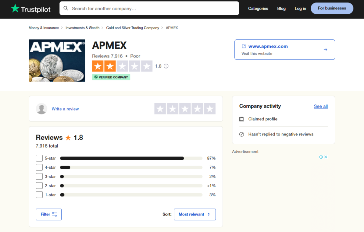 APMEX reviews on Trustpilot