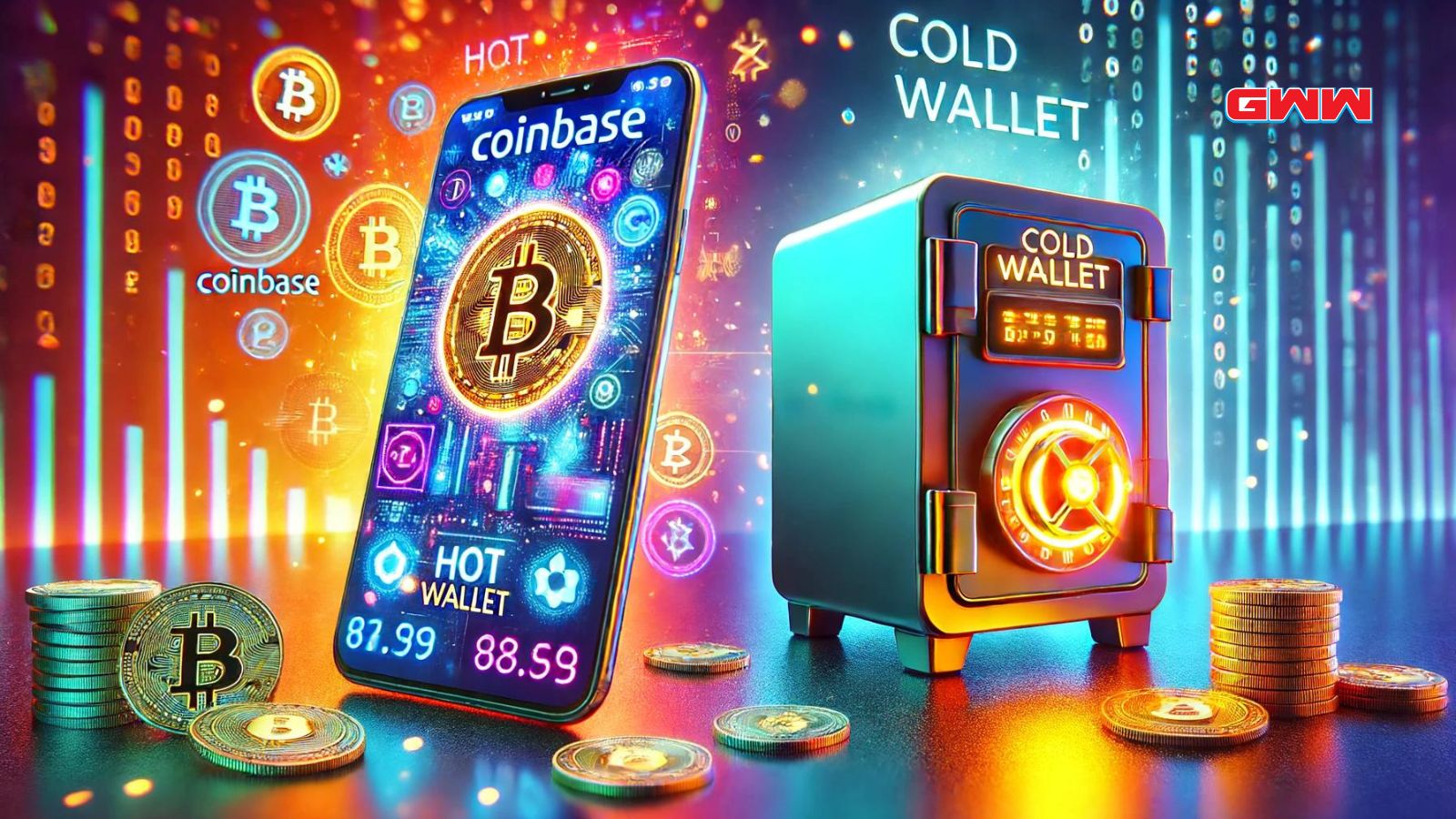 A scene focusing on Coinbase with a digital, vibrant theme indicating it's a hot wallet.