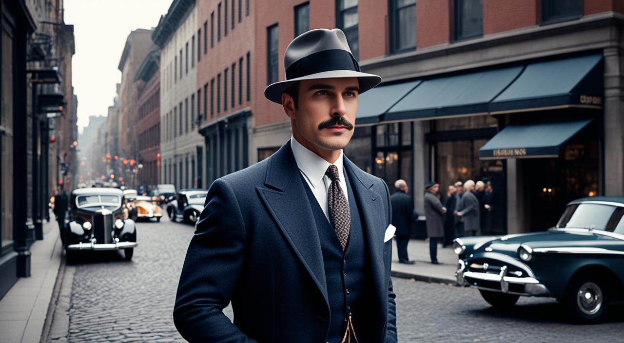 A well-dressed gentleman in a tailored three-piece suit and fedora hat, standing confidently with one hand in his pocket and the other holding a cane. He exudes sophistication and elegance with his perfectly groomed mustache and slicked-back hair. In the background, there are vintage cars parked on a cobblestone street and towering buildings with art deco architecture. The color palette is muted with shades of grays and browns, but a pop of color comes from the gentleman's silk pocket square and tie. Overall, the image captures the timeless style and glamour of the 1920s.