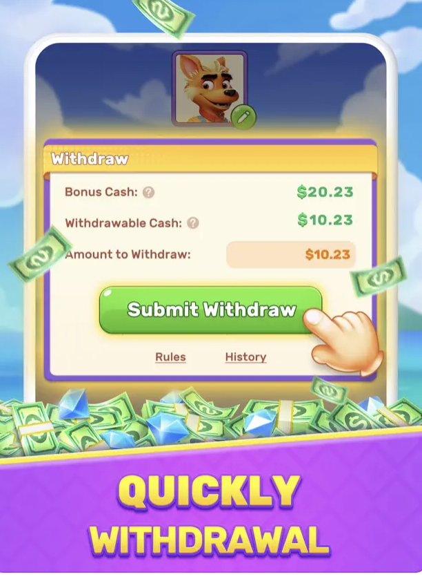 A Bingo Winner withdrawal screen showing $20.23 in bonus cash and $10.23 in withdrawable cash. 