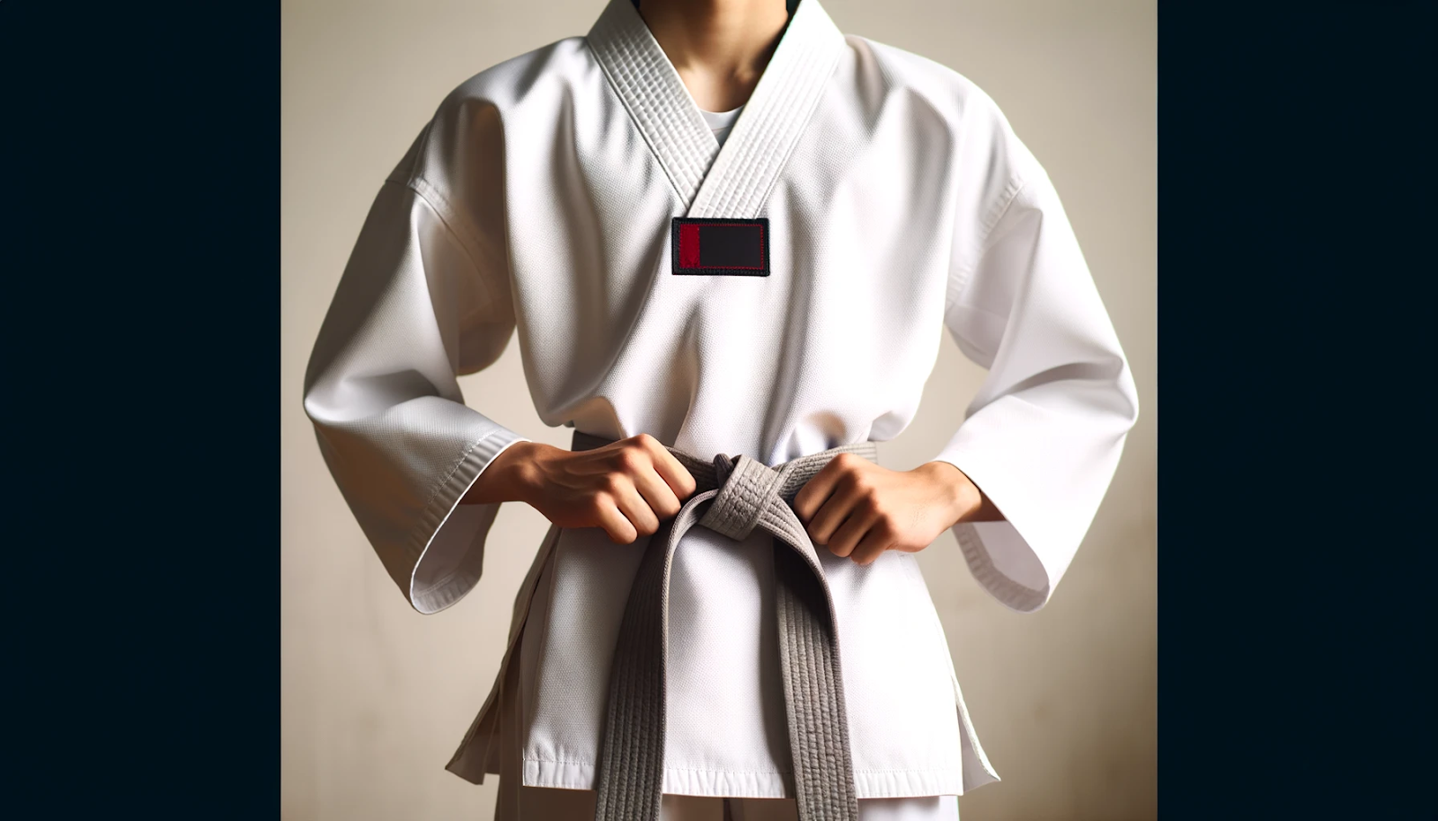 A taekwondo student wrapping the belt around their body.