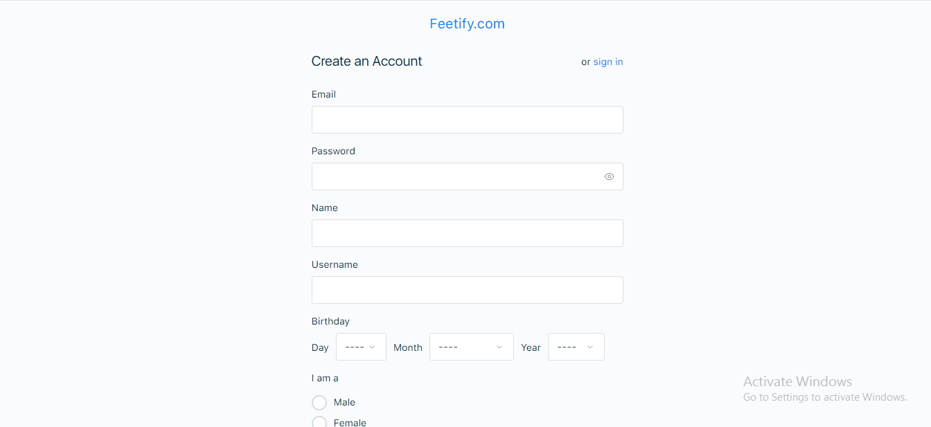 signing up for Feetify creator's account