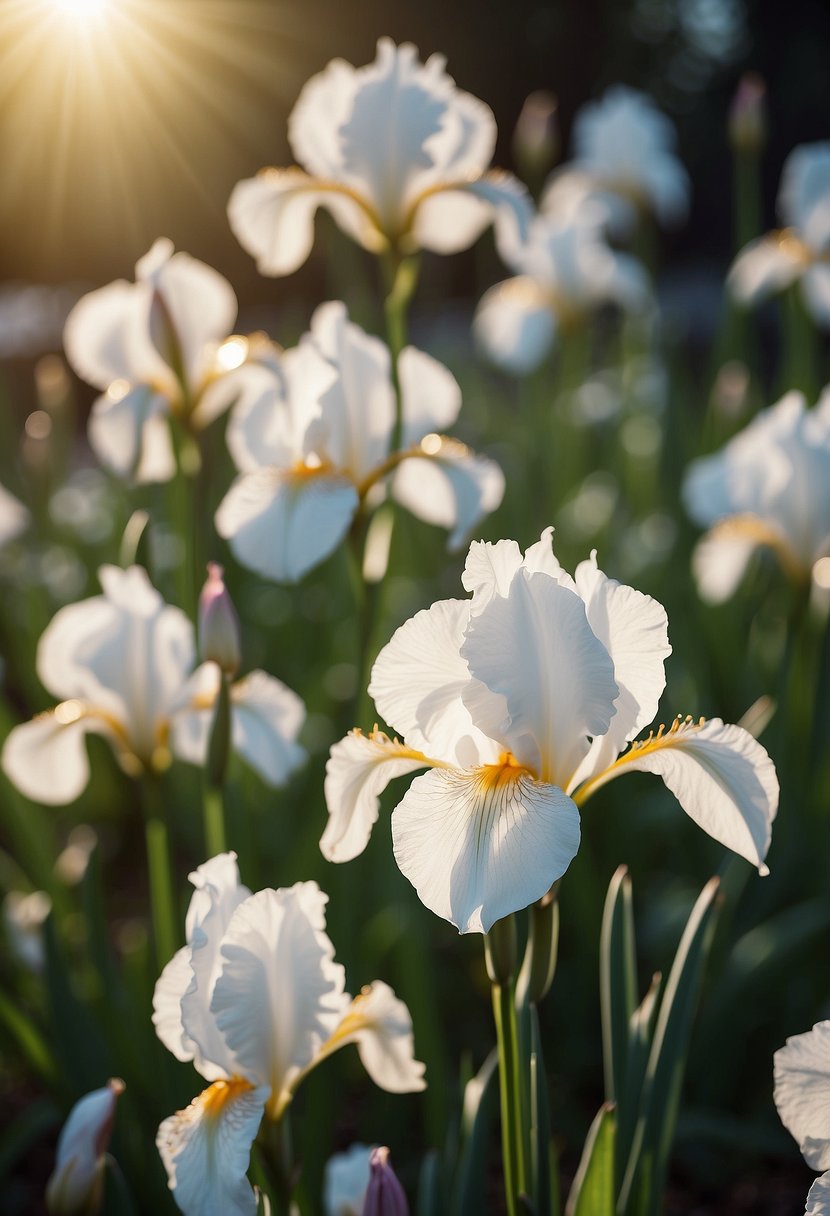 A garden filled with white irises, their delicate petals reaching towards the sun. Bees buzz around, collecting nectar from the fragrant blooms