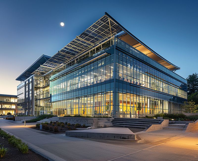 A large glass building with solar panels on the roof. This image exemplifies energy-efficient building design, featuring advanced climate control systems and potentially sustainable materials, to reduce energy consumption.