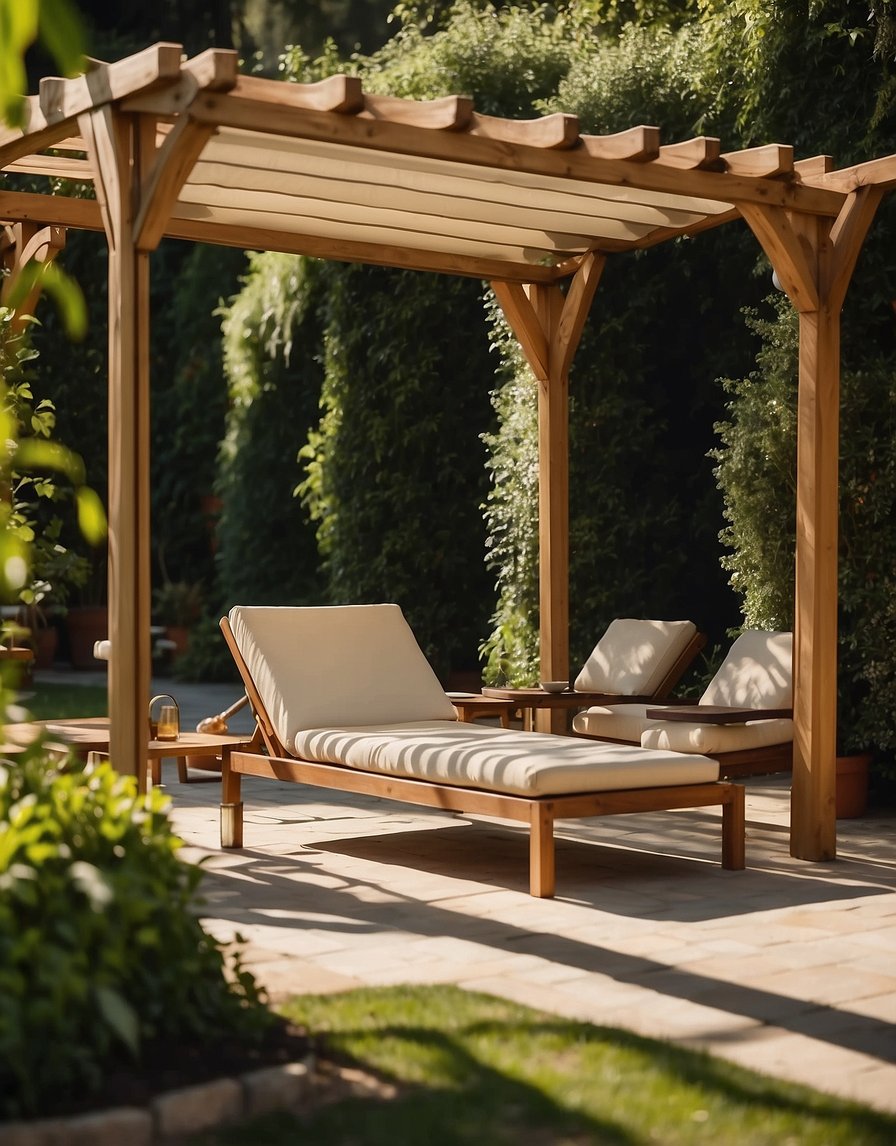 A pergola stands in a lush garden, with suspended loungers hanging from the beams. The sun filters through the greenery, casting dappled shadows on the loungers below