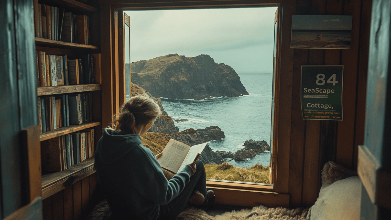 A woman reading a book in a cozy seaside cottage with stunning cliff and ocean views ideal for beachfront cottage rentals