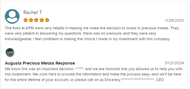 Example of Augusta Precious Metals complaints on Trustpilot