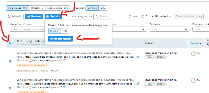 Selecione todos os links tóxicos para aba repudiar