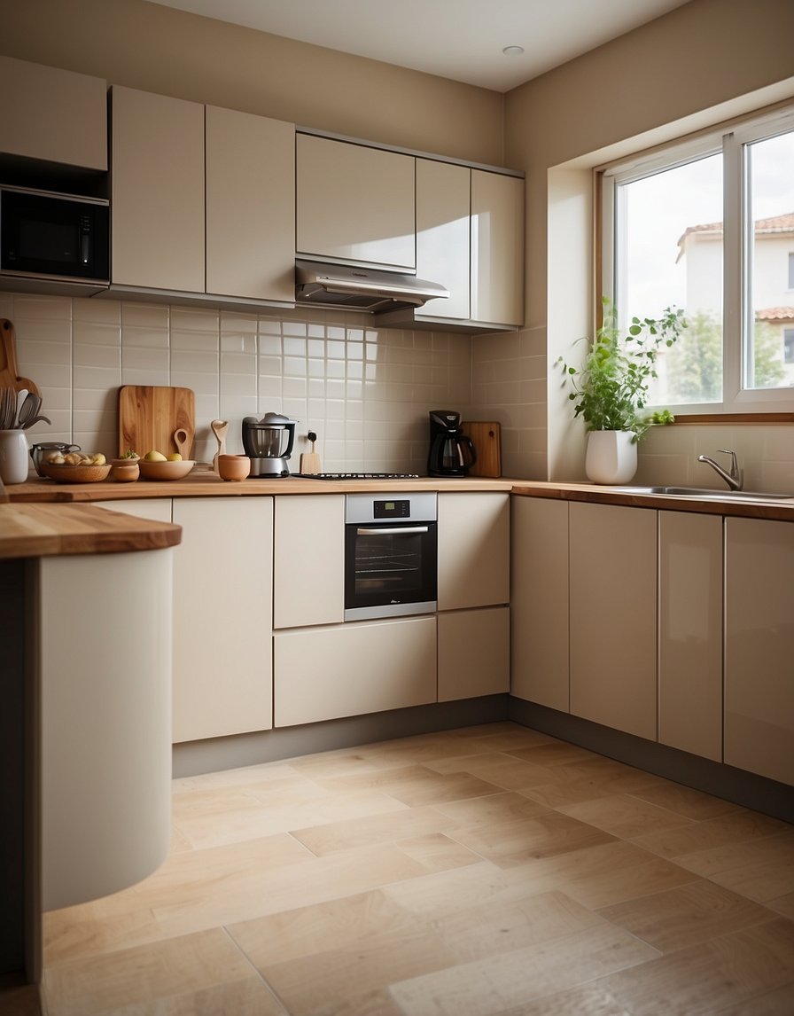 A kitchen with warm beige cabinets, natural light, and modern appliances