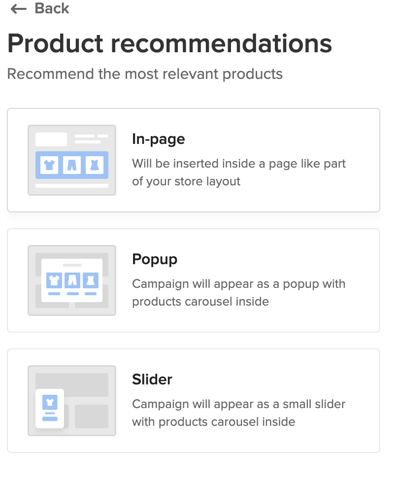 Product recommendation types on Adoric.