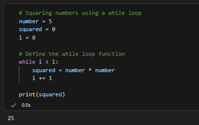Example output of Python square using while loop.