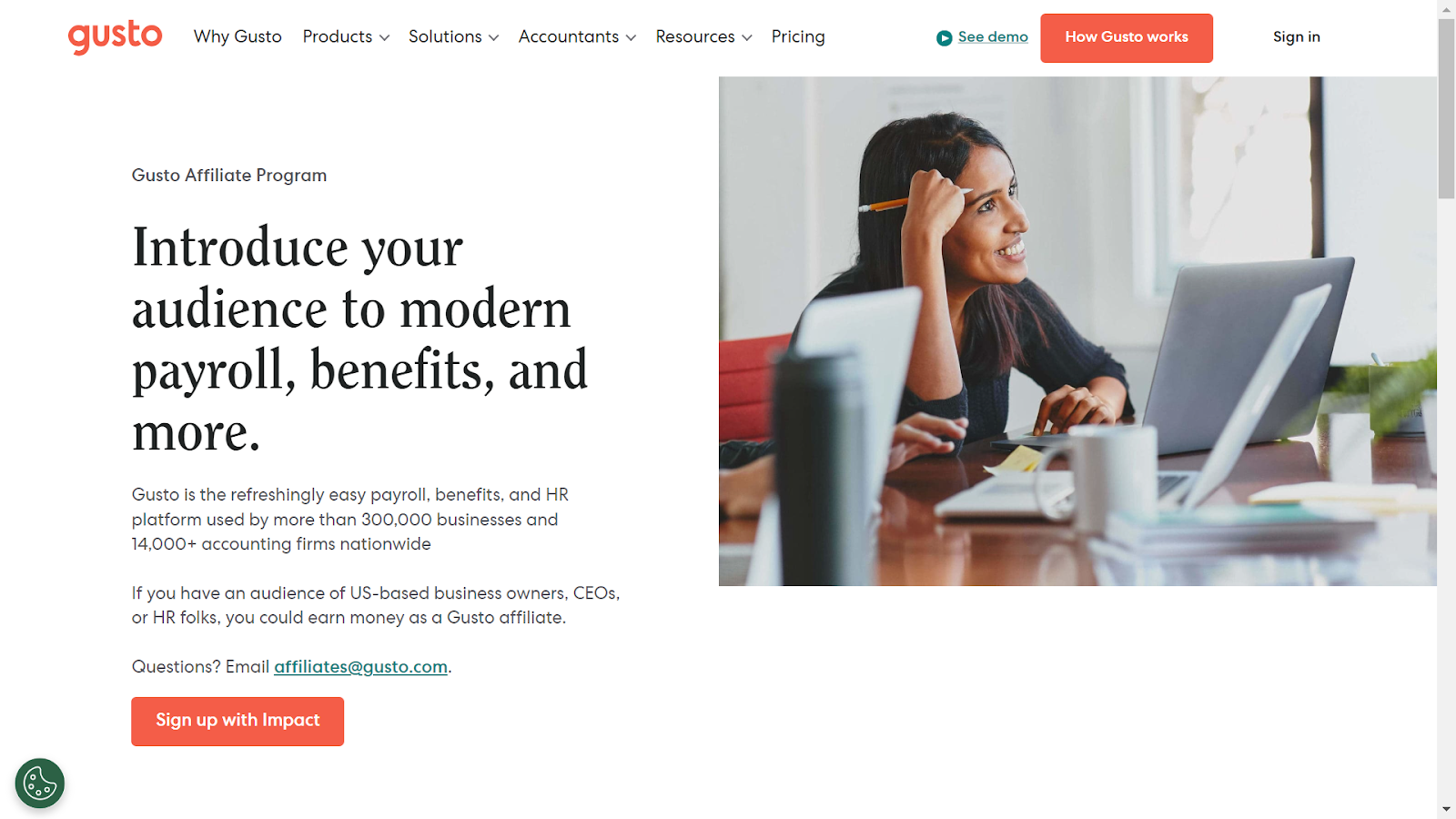 Screenshot from Gusto affiliate program landing page.