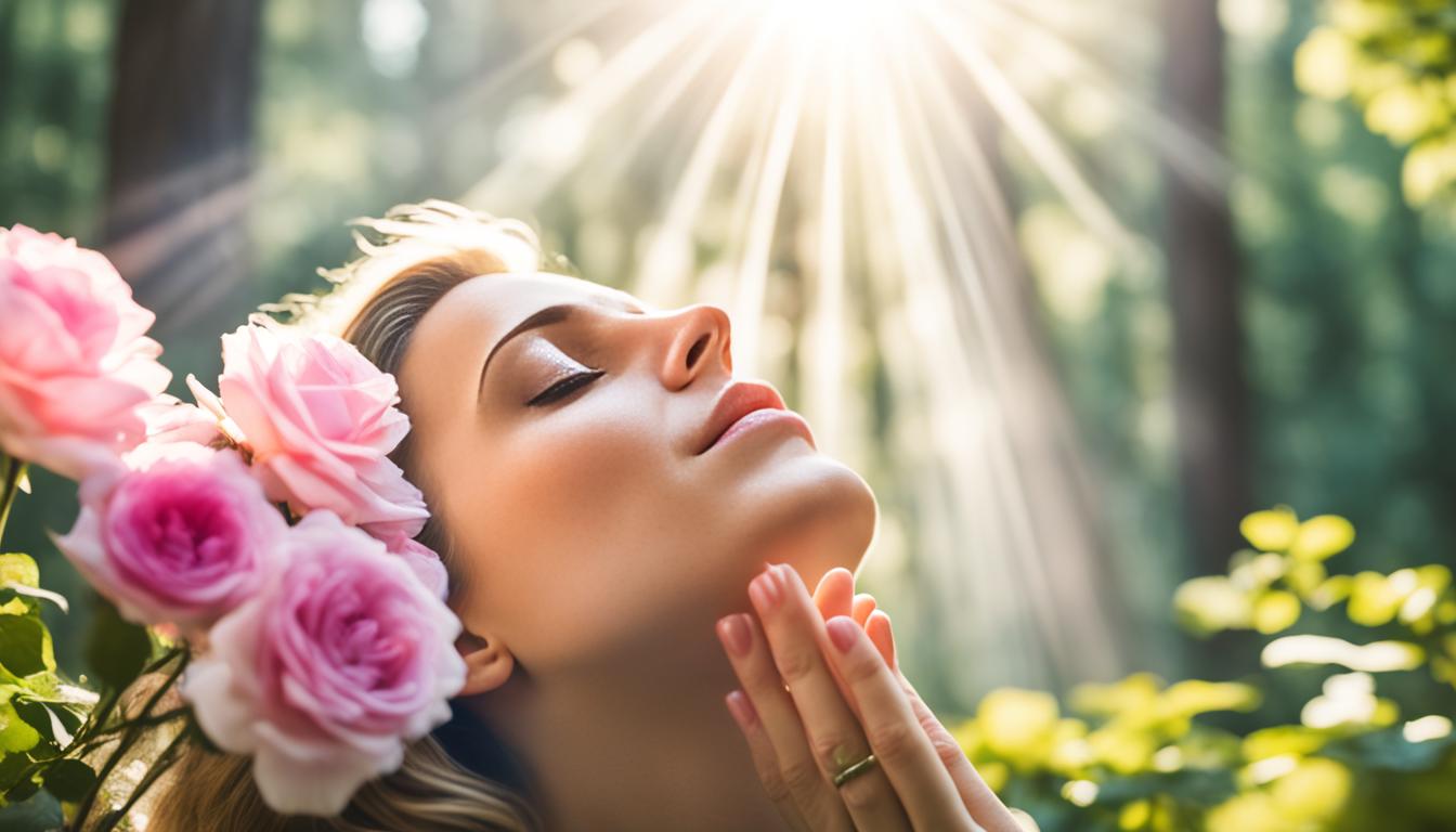 An image of a person closing their eyes and inhaling the scent of fresh flowers, while holding a rose quartz crystal in their hand. The background should be a serene forest with sunlight peeking through the trees. Add a subtle glow around the crystal to signify its energy radiating throughout the person's body.