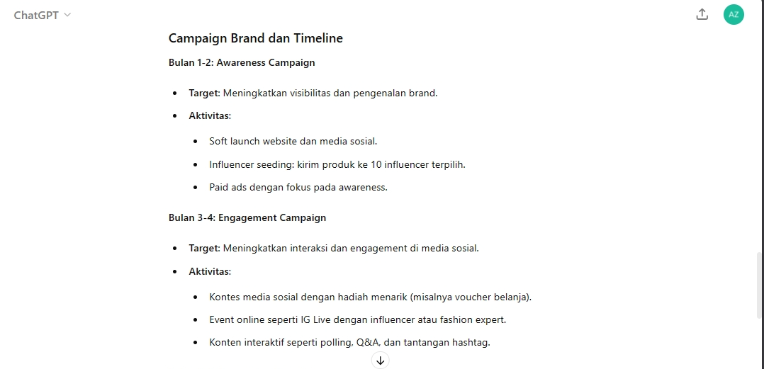 Tampilan contoh hasil dari teknologi AI ChatGPT tentang cara menulis prompt. Menampilkan contoh merek kampanye dan timeline yang sesuai untuk meningkatkan penjualan