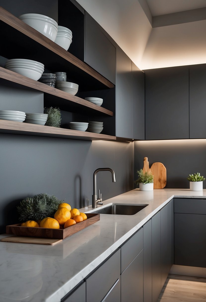 Sleek gray cabinets line the modern kitchen, contrasting with stainless steel appliances and white countertops