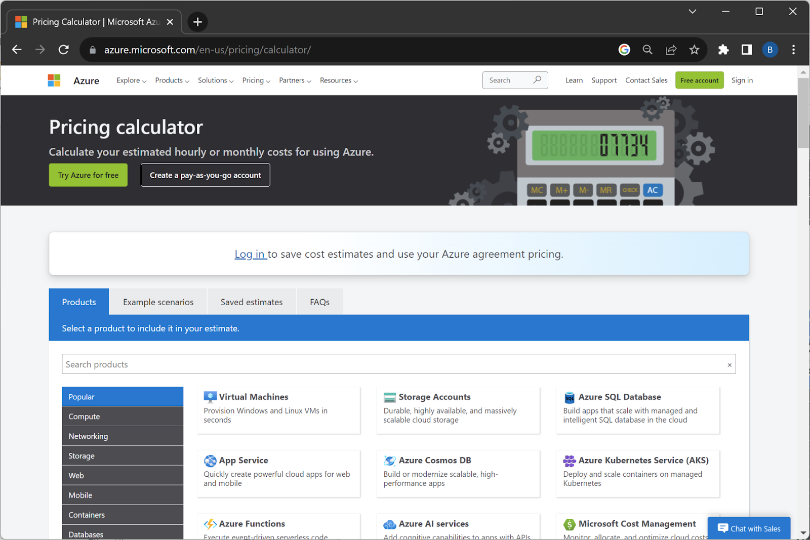 The product tab of the Azure Pricing Calculator 