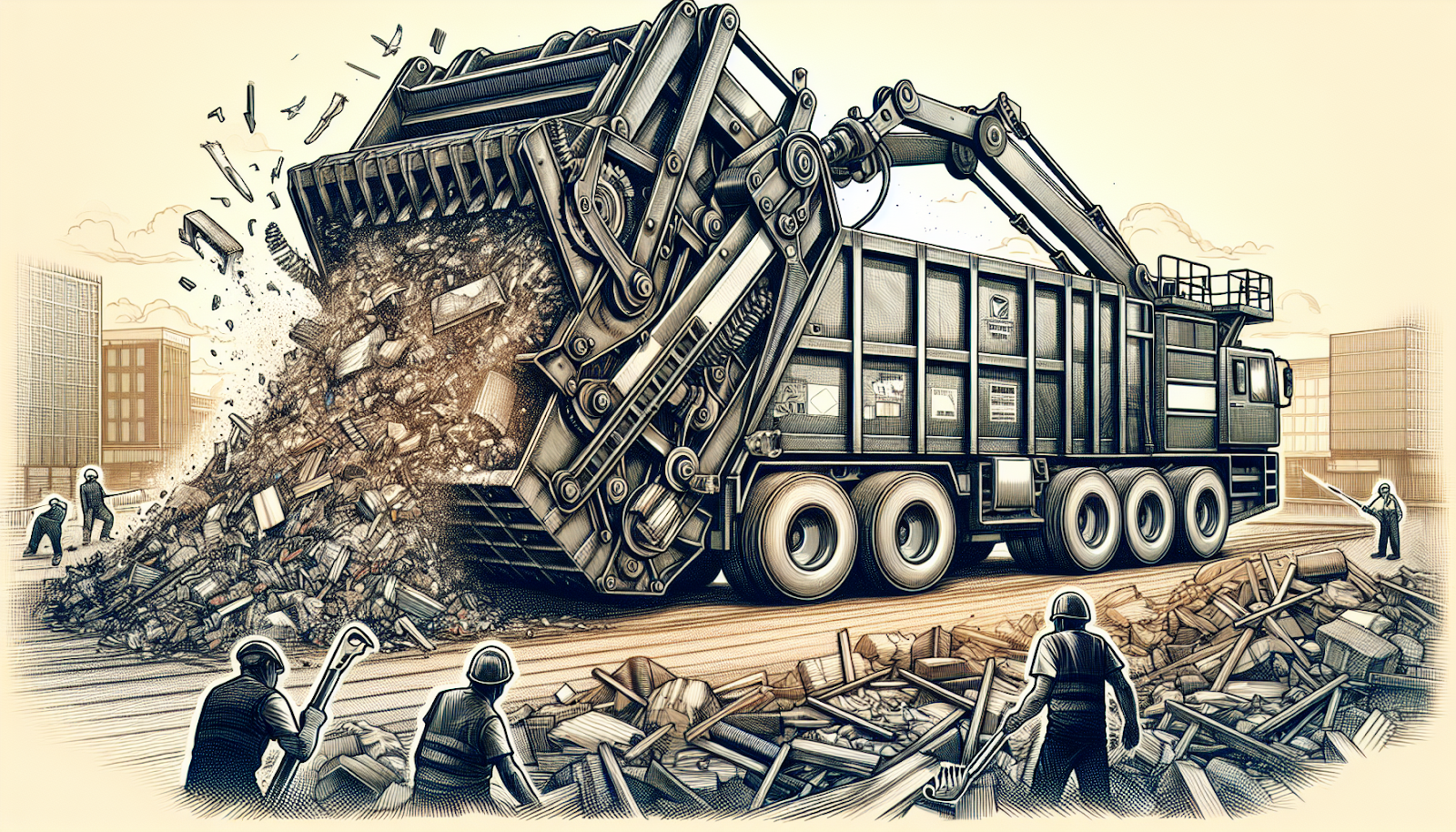 Illustration of mobile dumpster compactor at a construction site