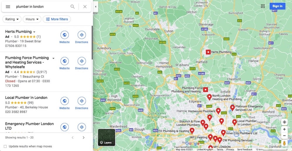 Google Maps search for 'plumbers in London' showing local search results.