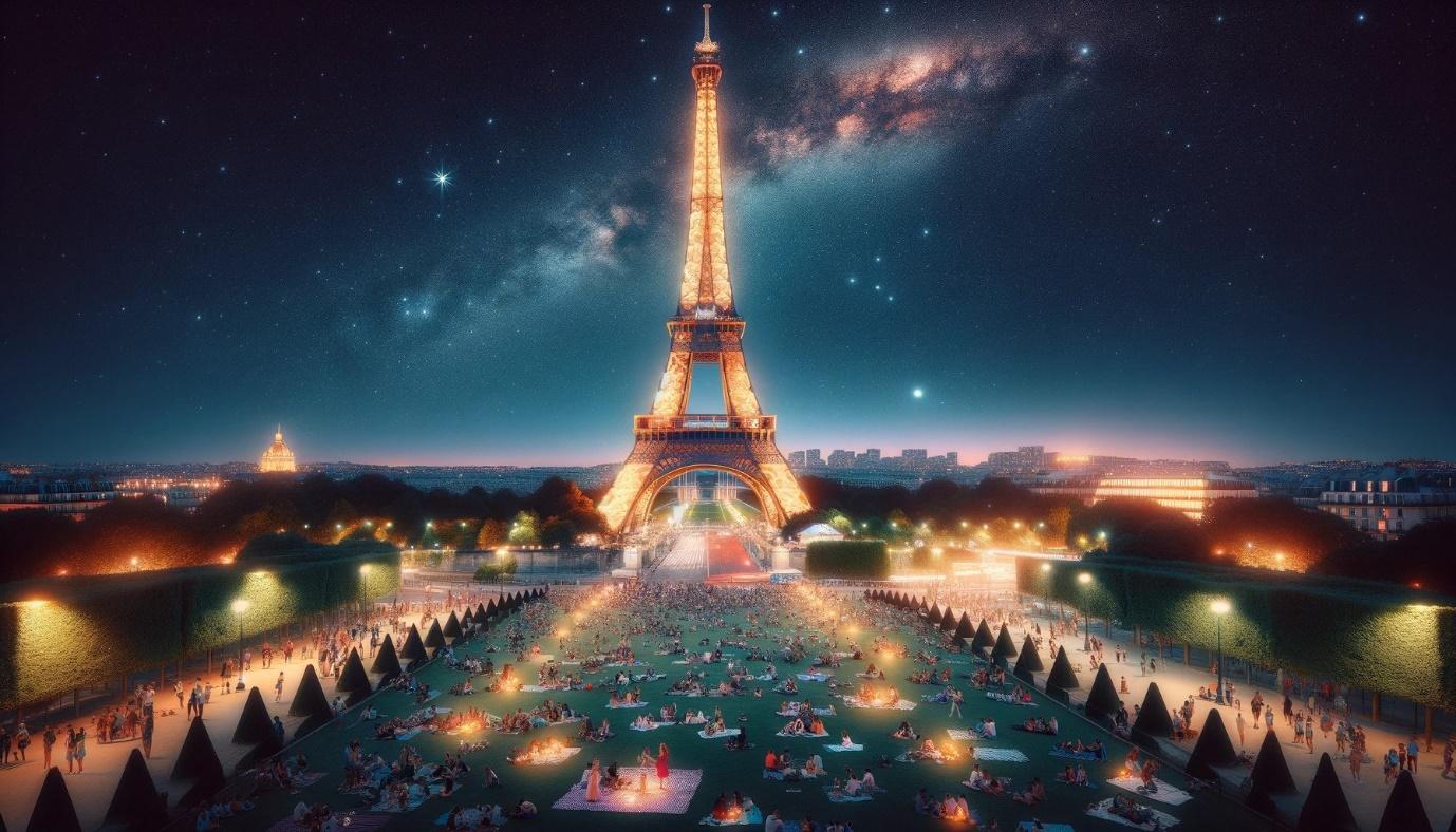 DALL·E 2024-03-27 14.25.00 - A beautiful nighttime scene at the base of the Eiffel Tower. The sky is a deep navy blue, speckled with stars, and the tower itself is illuminated by .webp [webp-to-jpg output image]