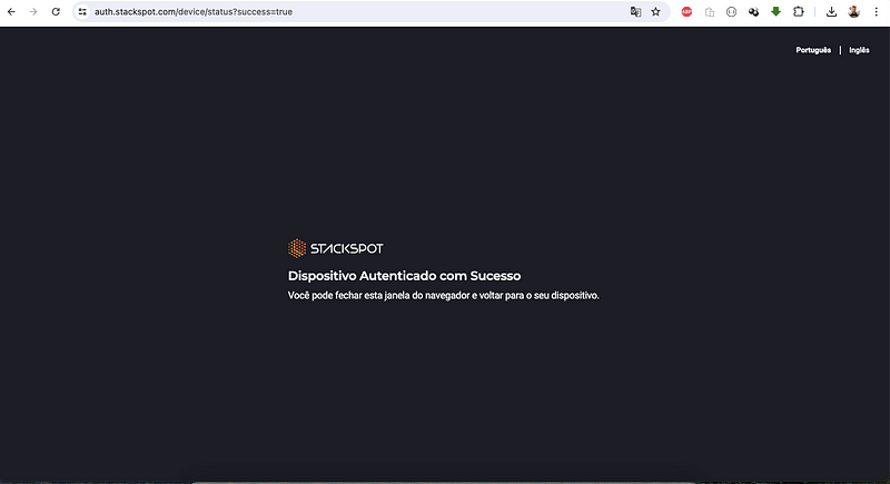 Imagem do artigo sobre Testes automatizados de API Rest com site confirmando aceite das permissões para uso do Plugin StackSpot AI, onde na foto aberta temos o site, com a mensagem de confirmação "Dispositivo Autenticado com Sucesso" e estamos prontos para uso do Plugin na IDE.