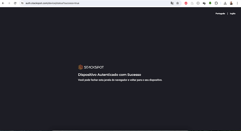 Site confirmando aceite das permissões para uso do Plugin StackSpot AI, onde na foto aberta temos o site, com a mensagem de confirmação "Dispositivo Autenticado com Sucesso" e estamos prontos para uso do Plugin na IDE.