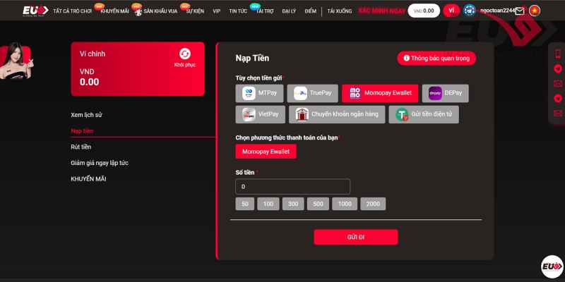 Sử dụng ví điện tử Momo để nạp tiền