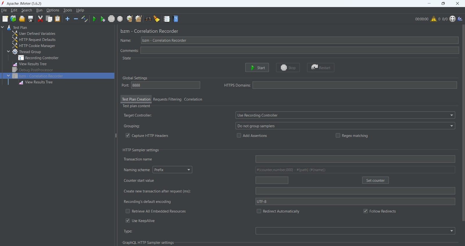 Template View of the Correlation Recorder Loaded in JMeter